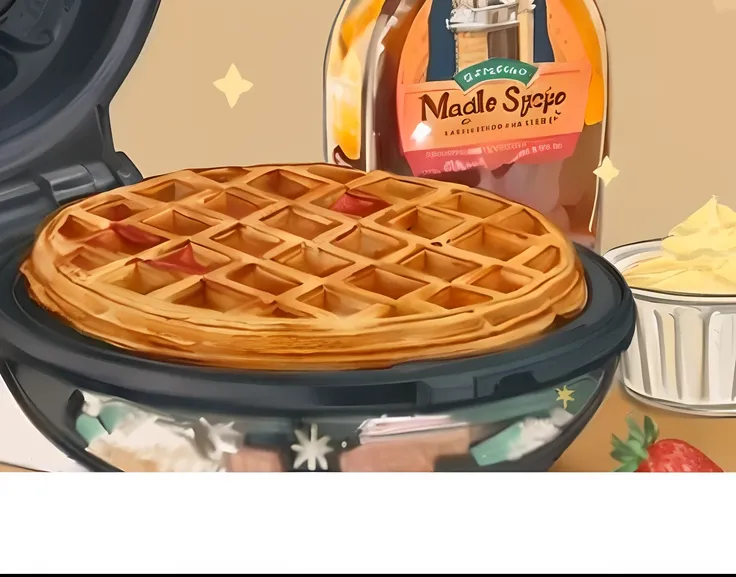 There is a waffle machine with a waffle and a bottle of maple syrup, Maple Xarope Mar, xarope, Xarope, Destaques do xarope de bordo, 🎀 🧟 🍓 🧚, Fluido de xarope de bordo, Xarope & fudge quente, ❤🔥🍄🌪, sabor realista, Wafflehouse, foto do perfil, 🎀 🗡 🍓 🧚, 🎀 🍓 ...