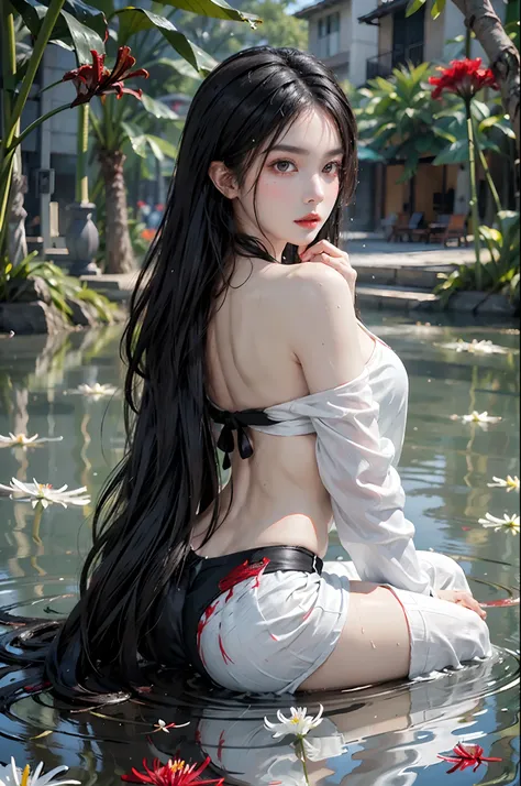 Masterpiece,  8K wallpaper, super detailed, portrait,(full body),
(1 girl:1.3),huge breasts:1.2,solo,//( long black hair:1.3)//,(Medium breasts), ((Perfect body)),//(Beautiful detailed red eyes: 1.3)//,(Back:1.4),(Wet body:1.15),
//kimono,(unbuttoned cloth...