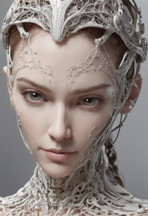 complex 3d render ultra detailed of a beautiful porcelain profile woman android face, Cyborg, cyborg robot parts, 150 mm, Beautiful studio soft light, rim-light, vibrant detail, Luxurious cyberpunk, Lace, Hyperrealistic, anatomically, face muscles, Cable E...