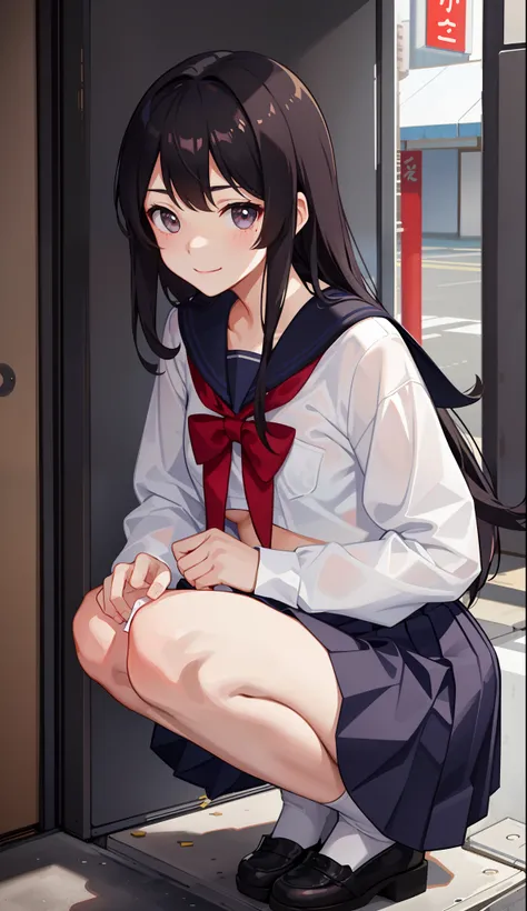 1girl in、A smile、The shirt、skirt by the、（small tits）Chilarism、Japan High School Student Uniform、serafuku、summer clothing、（Sheer Bra）、Upper body portrait、Squatting panchira、