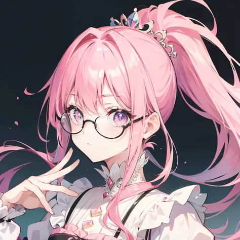 Pink hair，high ponytails，Wear black thick-rimmed glasses，She is a queen-like royal sister，But still lovely，Wear a princess dress that matches pink and white