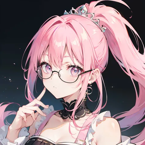 Pink hair，high ponytails，Wear black thick-rimmed glasses，She is a queen-like royal sister，But still lovely，Wear a princess dress that matches pink and white