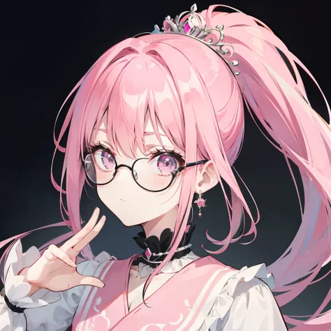 Pink hair，high ponytails，Wear black thick-rimmed glasses，She is a queen-like royal sister，But still lovely，Wear a princess dress that matches pink and white