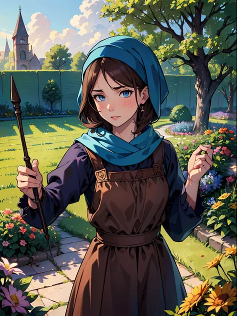 masterpiece, best quality, depth of field, HDR, intricate, absurdres, gorgeous, (detailed face), (((female peasant))) is gardening, pitchfork, nice atmosphere, enthusiastic facial expression, flower, sky, 1girl, outdoors, tree, blush, brown hair, blue eyes...