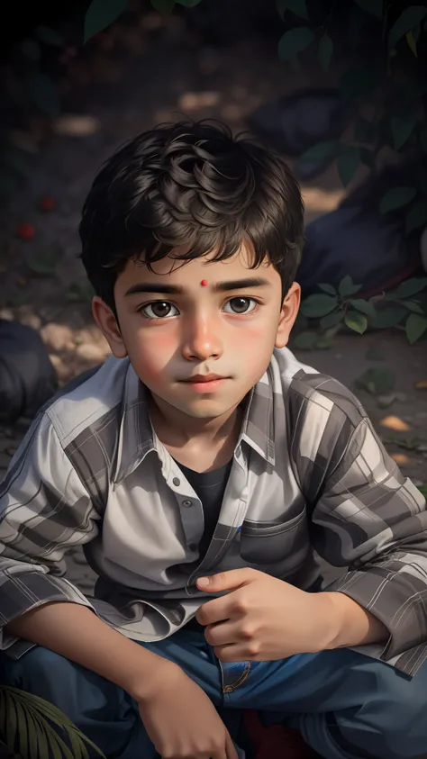 there is a young boy sitting on the ground with his hands on his knees, ayan nag, reyyan, young boy, potrait, old picture, innocent look, innocent face, with lovely look, portrait shot 8 k, cute boy, with accurate face, kid, vinayak, young commoner, innoce...