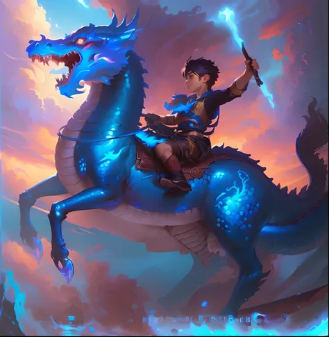 The boy rides a blue dragon with a bow and bow., Dragon Rider, Dragon Ride, Dragon Riding Boy, android jones and rhads, Merfolk riding water horse, artgerm julie bell beeple, by Yang J, By Jeremy Chong, Fat Dragon vs. Rider, Dragon Boy, Joe Biden rides a d...