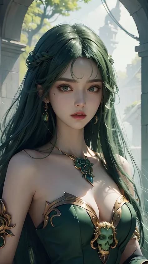 Best quality, Masterpiece, Detailed, Long dress, Green-haired woman, Holding a sword, Artgerm inspired, pixiv contest winner, octopus goddess, berserk art style, Close-up portrait, Goddess skull, senna from league of legends, Green curly tatsumaki ...