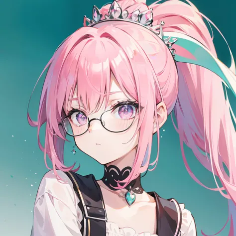 Pink hair，high ponytails，Wear black thick-rimmed glasses，She is a queen-like royal sister，But still lovely，Wear a princess dress that matches pink and white