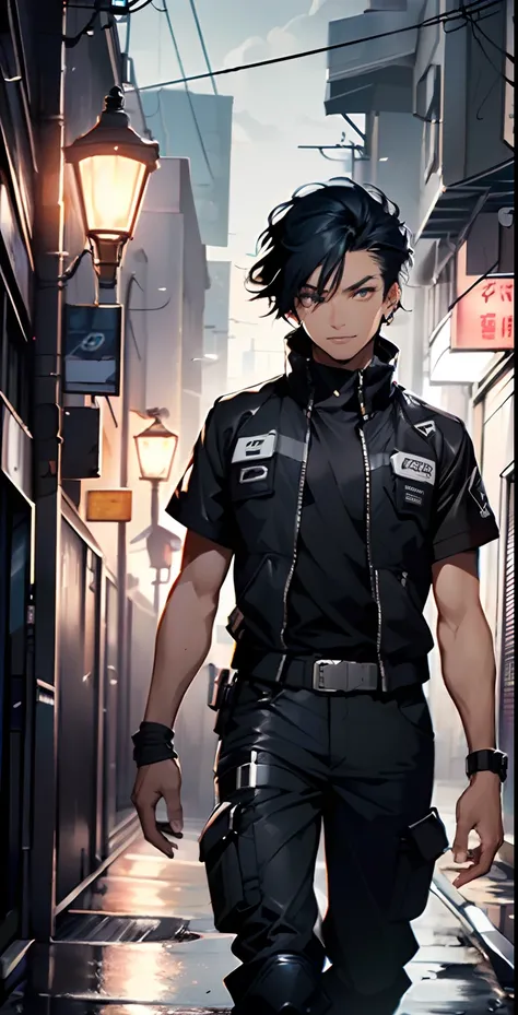 bounty hunter man,(((1man))),((anime man walking down the street)),

(((1male,man,handsome man,male,male gender,male focus))),

((medium black hair,disheveled hair,blue hair,black hair,two-tone hair)),(((lustrous skin:1.5,tanned skin,bright skin: 1.5,skin ...