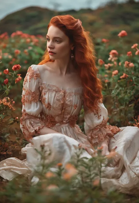 （tmasterpiece，Mejor calidad），joselinroja , Animar，1 girl with long red hair sitting in a field of greenery and flowers，su mano debajo de la barbilla，warmly lit，vestidos blancos，primer plano borroso