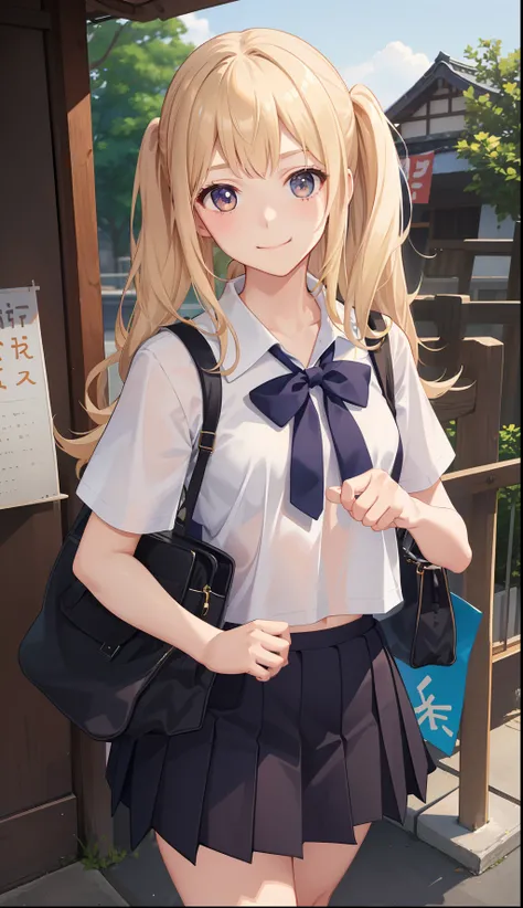 1girl in、A smile、The shirt、skirt by the、（small tits）Chilarism、Japan High School Student Uniform、serafuku、summer clothing、Run briskly、（Sheer Bra）、Upper body portrait、blonde  hair、poneyTail、