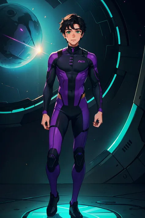 A young man in a purple skintight casual sci-fi suit, wavy short black hair with rosy cheeks and gentle smile, green eyes, standing, full body