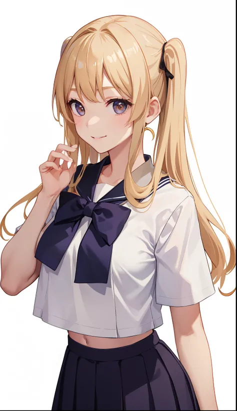 1girl in、A smile、The shirt、skirt by the、（small tits）Chilarism、Japan High School Student Uniform、serafuku、summer clothing、Run briskly、（Sheer Bra）、Upper body portrait、blonde  hair、poneyTail、