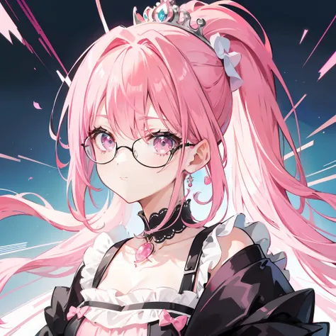 Pink hair，high ponytails，Wear black thick-rimmed glasses，She is a queen-like royal sister，But still lovely，Wear a princess dress that matches pink and white