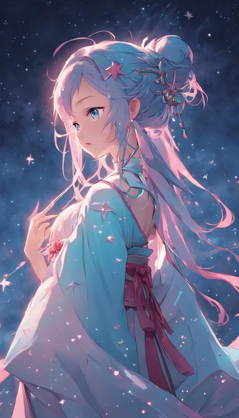 (best qualtiy，tmasterpiece), Beautiful teenage girl, Beautiful goddess, ((period costume, Hanfu, One shoulder)), Beautiful hair accessories, the night, starrysky, cold light, (in pink, cyan colors, white colors), ((from below)), ((full body)), ((realistic)...