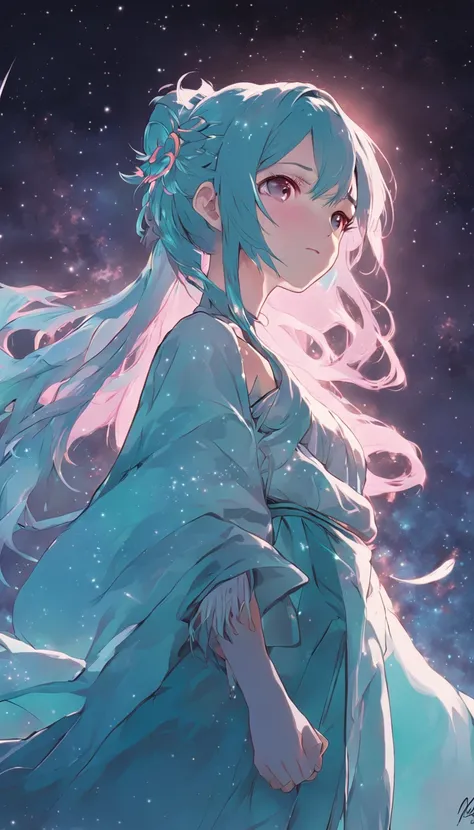 (best qualtiy，tmasterpiece), Beautiful teenage girl, Beautiful goddess, ((period costume, Hanfu, One shoulder)), Beautiful hair accessories, the night, starrysky, cold light, (in pink, cyan colors, white colors), ((from below)), ((full body)), ((realistic)...