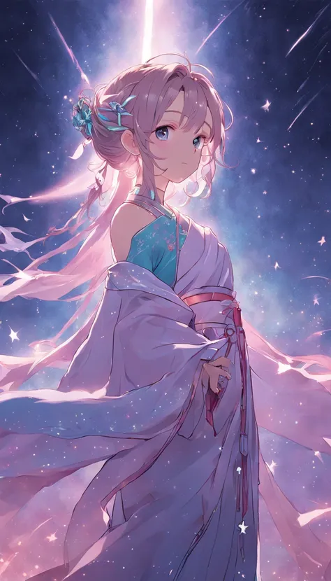 (best qualtiy，tmasterpiece), Beautiful teenage girl, Beautiful goddess, ((period costume, Hanfu, One shoulder)), Beautiful hair accessories, the night, starrysky, cold light, (in pink, cyan colors, white colors), ((from below)), ((full body)), ((realistic)...