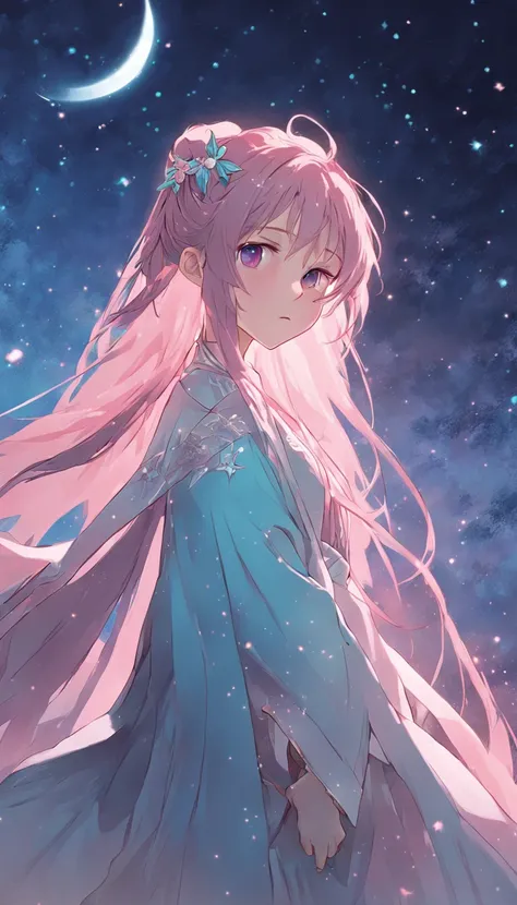 (best qualtiy，tmasterpiece), Beautiful teenage girl, Beautiful goddess, ((period costume, Hanfu, One shoulder)), Beautiful hair accessories, the night, starrysky, cold light, (in pink, cyan colors, white colors), ((from below)), ((full body)), ((realistic)...