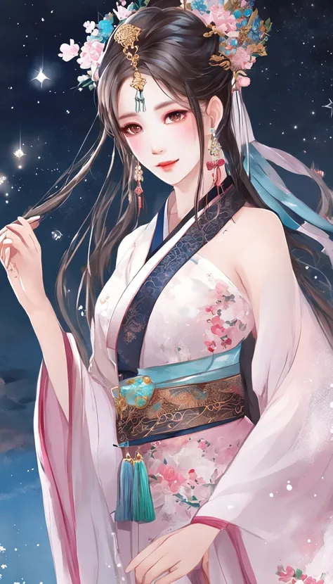 (best qualtiy，tmasterpiece), Beautiful teenage girl, Beautiful goddess, ((period costume, Hanfu, One shoulder)), Beautiful hair accessories, the night, starrysky, cold light, (in pink, cyan colors, white colors), ((from below)), ((full body)), ((realistic)...