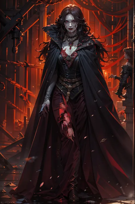 "an elegantly descending scary female vampire with a noble suit, flowing cloak, and a dark atmosphere, surrounded by blood effec...