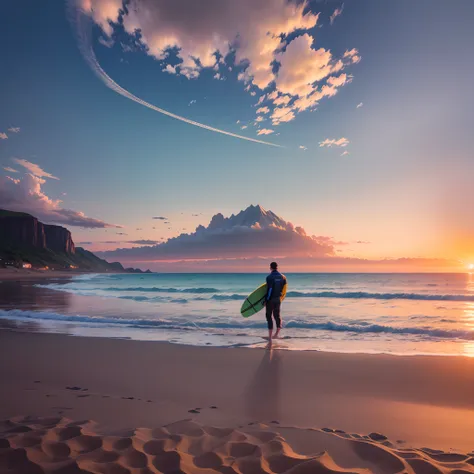 a sunset over a beach with grass and sand dunes and a body of water in the distance with a small island in the distance, Bascove, sunrise, a jigsaw puzzle, dau-al-set (1biracial man) holding a surfboard on a beach at sunset with a mountain in the backgroun...