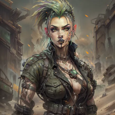 female with short shaved bright green hair, villain, wearing casual desert punk clothing, has lower lip stud piercings, muscular, abs visible, wearing metal collar, has muscled, wearing black lipstick, amazonian