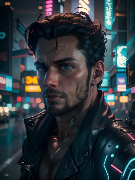 Um ciborgue masculino em corpo inteiro, with an intense look at the camera, em uma imagem de alta qualidade. Behind him, A futuristic city illuminated by neon lights.