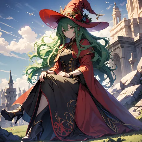 best qualityer，tmasterpiece，Ultimate resolution，downy，Extremely colorful，Colorful，Skysky，hilltop，（Red magic robe long dress），Long flowing green hair，The Witch，a matural female，（red high heel pumps），Sit on a magical broom，flight，Normal posture，Normal postur...