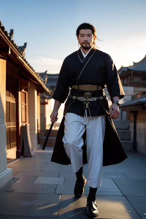 {high quality}, masterpiece, hd, escala cinza, a man, ancient china, short hair, pants, warp shoes, outdoors