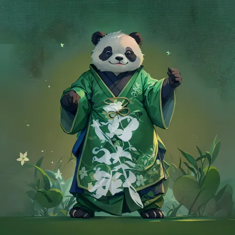 anthropomorphic turtle，Green background，simplebackground，solid color backdrop，Full body frontal photo，1 Cute Hanfu Panda Man，standing on your feet，full bodyesbian, Solo,frontage，facing to audience, ssmile，Background bokeh，lightand shade contrast，tmasterpie...