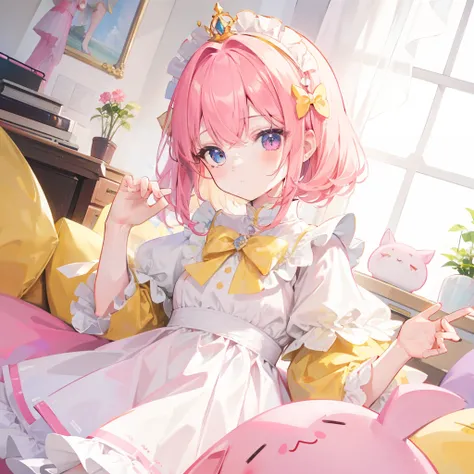 Yellow-pink hair，White clothes，Its a cute little princess