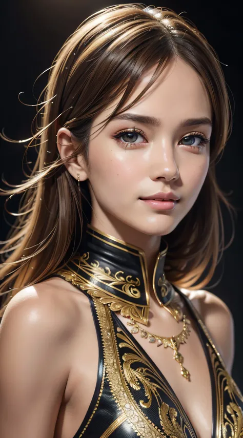 best quality, masterpiece, (realistic:1.2), 1 girl, brown hair, brown eyes, Front, detailed face, beautiful eyes, wear golden black suit, best quality, masterpiece, (realistic:1.2), 1 girl, detailed face, beautiful eyes, [(Transparent background:1.5)::5], ...