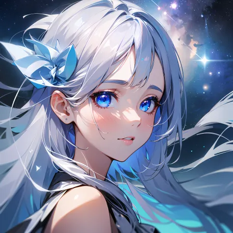 1 Girl , 4K , Masterpiece , Silver Hair , White Dress, Light Blue Eyes , Night , Starry Sky, Lake Water, Upper Body Portrait , Face Highlights, Auto Adjustment, Picture Quality Optimization --select_second_best