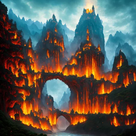 Masterpiece A beautiful giant castle with huge and detailed towers in a dark kingdom with lava everywhere and dragons with scales, red eyes and spitting fire in the air all very detailed, this kingdom must have a waterfall coming out from under it some gia...