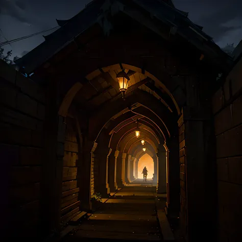 Night, Twilight, archs, Descent under the sidewalk, wooden bucket, Realistic fantasy, Gloomy horror, wood bridges,