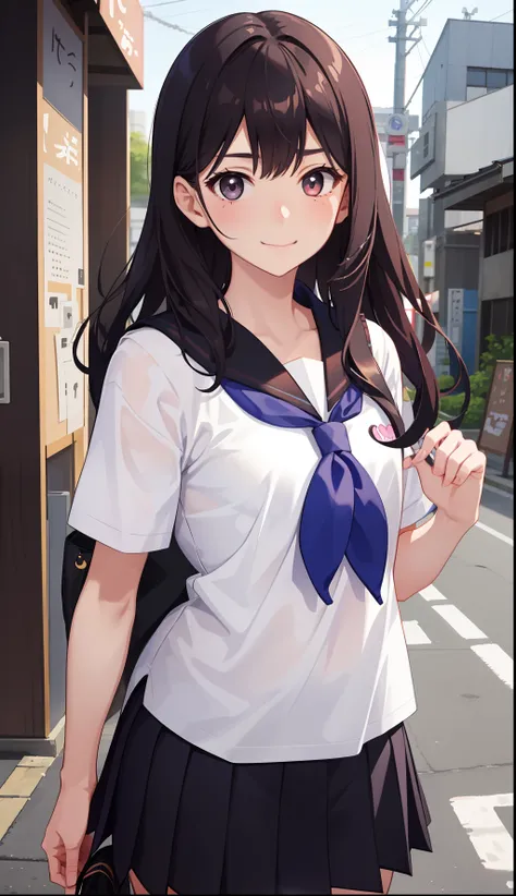 1girl in、A smile、The shirt、skirt by the、（small tits）Chilarism、Japan High School Student Uniform、serafuku、summer clothing、Run briskly、（Sheer Bra）、Upper body portrait、A dark-haired、