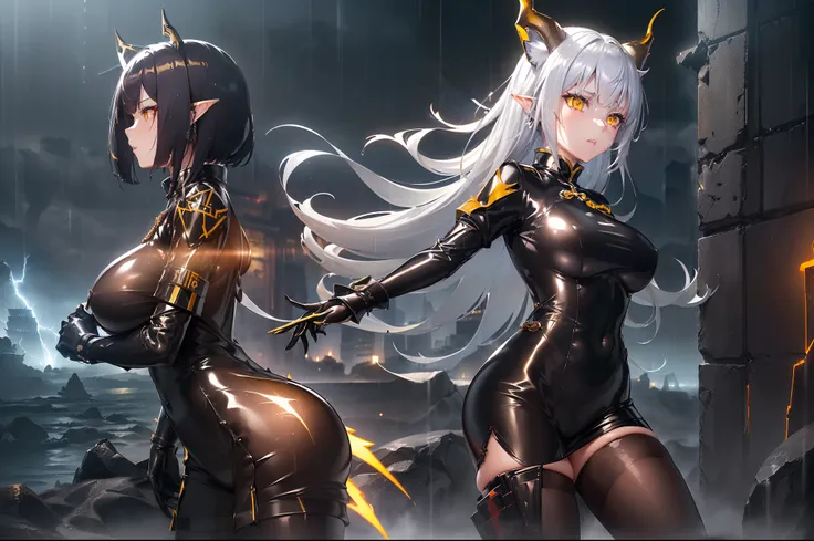 1girl (guard) (arknights）(latex bodysuit）(chinese armor)(pleated_skirt)(medal)large breast,，YEllow_eyes,silver_hair,city,chinese armor,valley,wall,night（lightning）,rain,wet,pointy_ears,horns,FOG,lightning,bloodstain，ocean,