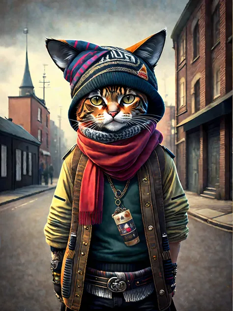 image of a cat in a hat and scarf, art station trend, dressed in punk clothes, hyper realistic detailed rendering, British gang member, urban style, intimidating pose, planet of cats, fashion clothes, urban samurai, meow, West Slavic traits, 8 1 5