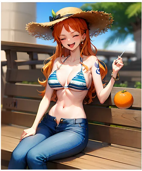 (bestquality,masterpiece) ,NamiOP, jewelry, smile, cleavage, earrings, swimsuit, bikini, open_mouth, bracelet, navel, collarbone, bikini_top_only, denim, pants, jeans, :d, groin, holding, closed_eyes, sitting, stomach, blue_pants, blurry_background, hat, s...