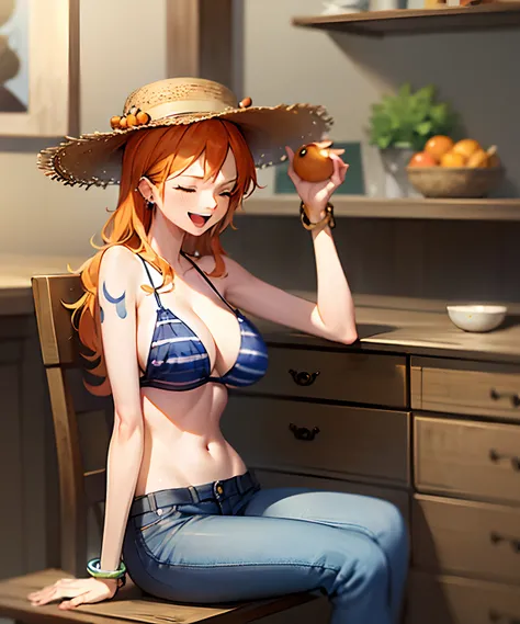 (bestquality,masterpiece) ,NamiOP, jewelry, smile, cleavage, earrings, swimsuit, bikini, open_mouth, bracelet, navel, collarbone, bikini_top_only, denim, pants, jeans, :d, groin, holding, closed_eyes, sitting, stomach, blue_pants, blurry_background, hat, s...