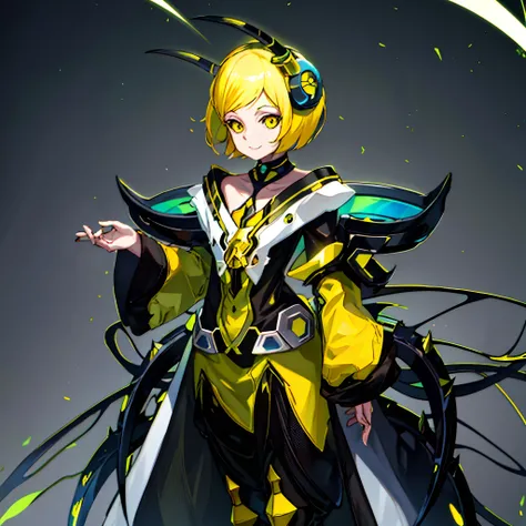 solo, anime character with yellow hair and a yellow and black outfit, black sclera, yellowish skin, insect trainer girl, stylized anime, zerochan art, wakfu colors + symmetry, android heroine, bee girl, mechanized witch girl, no type