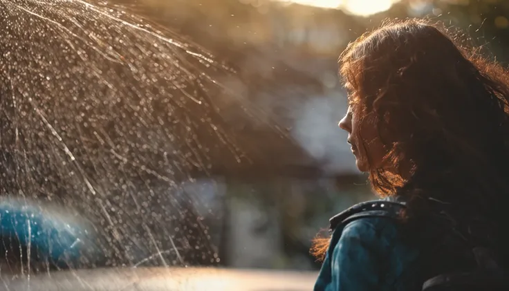 mulher jovem, cabelos brancos, telapatia, dedos na testa, chuva de dinheiro