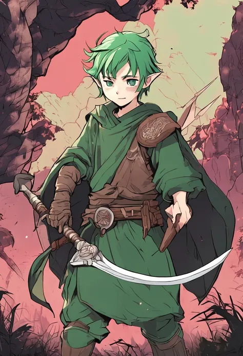 In Japanese anime style, imagine an adult Elf man with short, green hair holding a shield and a spear in each hand. --auto