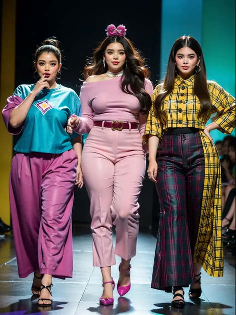 um desfile conceitual de moda, Trends of chubby fashion influencers, frequentadores urbanos, Estampas estilo patchwork., Parts with different details. plus size, (dark colors will be magenta, lavanda, terracota, turquesa, verde turquesa e rosa Barbie). rou...