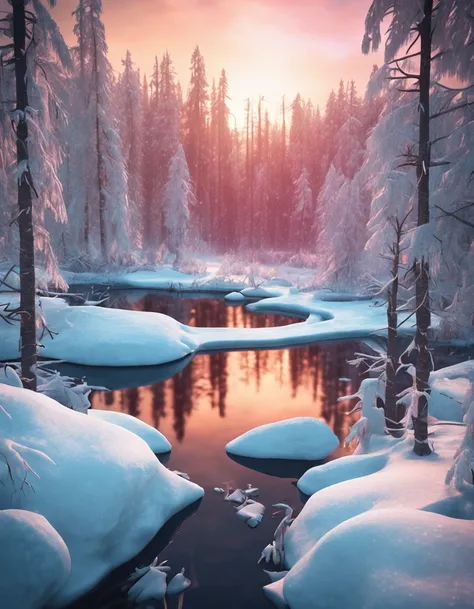 small lake surrounded by a frozen taiga forest, snow on the trees, winter, complex details, masterpiece, unreal atmosphere, cinematographic lighting, sharp focus, 4k, photo, digital art, fantasy style