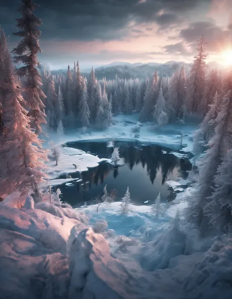 small lake surrounded by a frozen taiga forest, snow on the trees, winter, complex details, masterpiece, unreal atmosphere, cinematographic lighting, sharp focus, 4k, photo, digital art, fantasy style