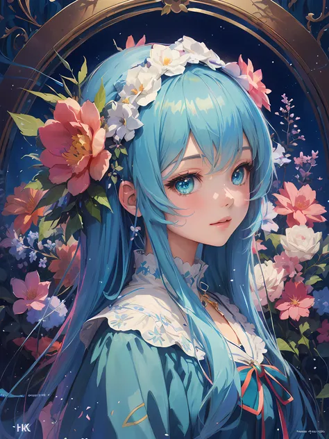 anime girl with blue hair and a flower in her hair, hatsune miku portrait, Portrait of Hatsune Miku, Detailed digital anime art, Anime art wallpaper 4 K, Anime art wallpaper 4k, style of anime4 K, trending on artstation pixiv, Anime art wallpaper 8 K, a be...