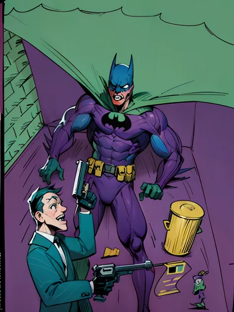 masterpiece, high quality images, high detailed faces, desenho realista, full color, Batman wearing classic brave uniform going on top of the Joker wearing a purple suit, holding a revolver with a flag on the tip, segurando uma pistola em um beco, Batman ,...