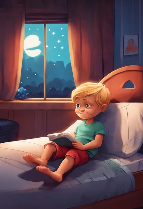 Little Johnnie, 6 years old, blond, lying in his bed looking out the window at night a star shining in the sky more than usual, cartoon style