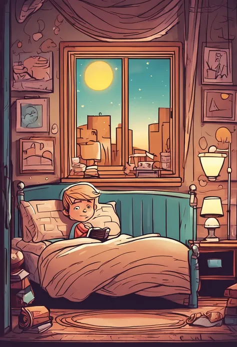 Little Johnnie, 6 years old, blond, lying in his bed looking out the window at night a star shining in the sky more than usual, cartoon style